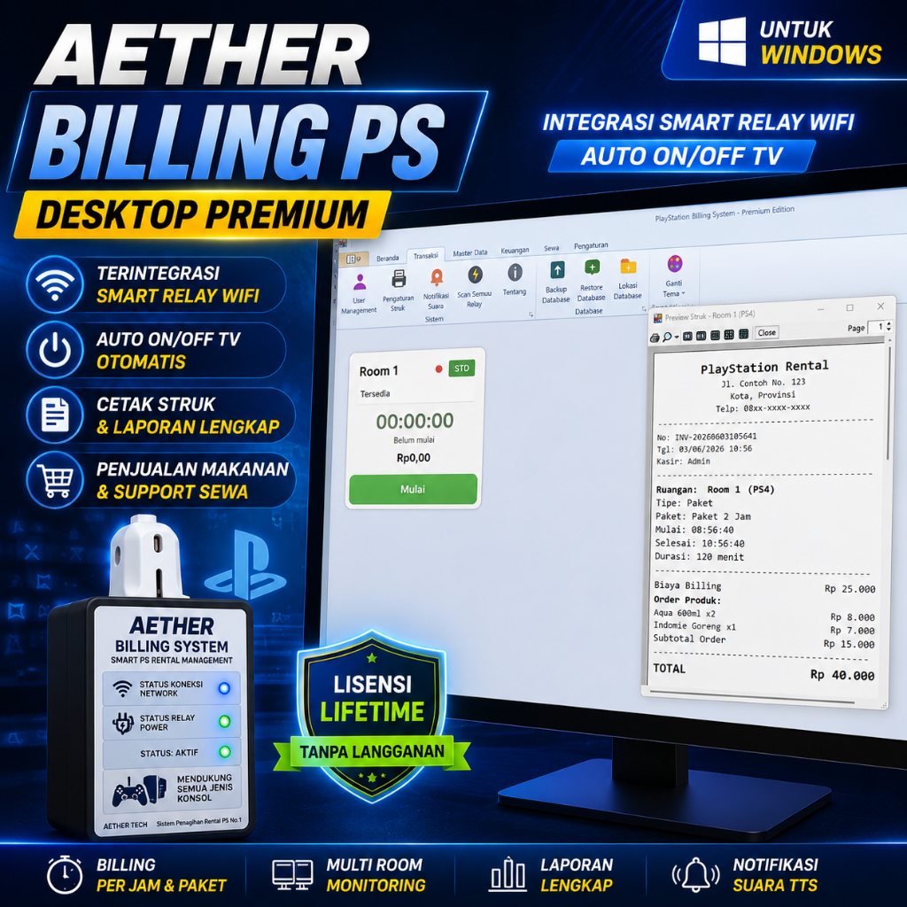 Software Billing PS + Modul Kontrol Listrik Otomatis Rental Playstation Warnet Game Center