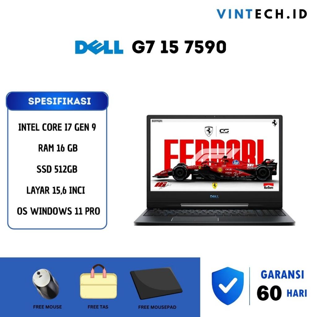 Laptop Gaming DELL G7 15 7590 Core i7 Gen 9 NVIDIA RTX 2070 RAM 16GB SSD 512GB