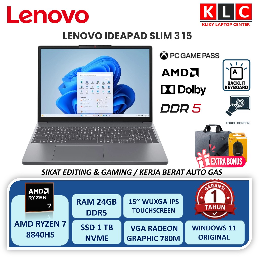 Lenovo Gaming Ideapad 3 15 Amd Ryzen 7 8840HS Ram 16GB DDR5 1TB SSD 15 Ips Touchscreen Windows 11