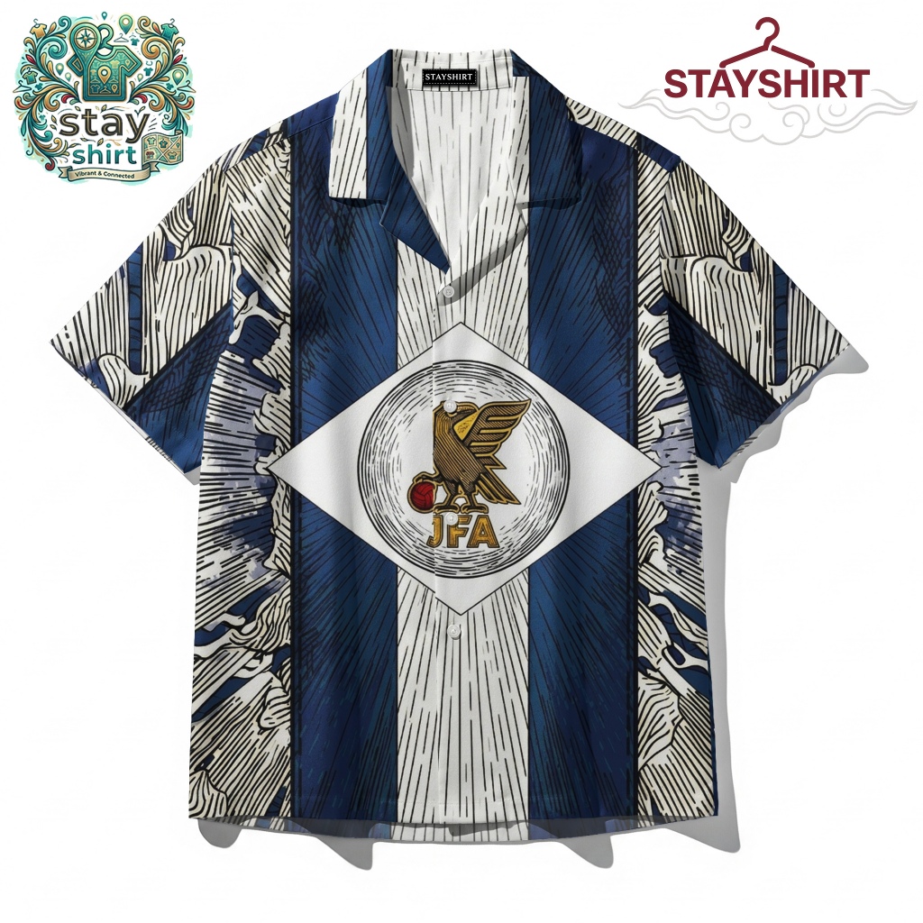 STAYSHIRT Kemeja Pria Japan JFA Motif Garis Vertikal Baju Hawaii Pantai Printing Casual