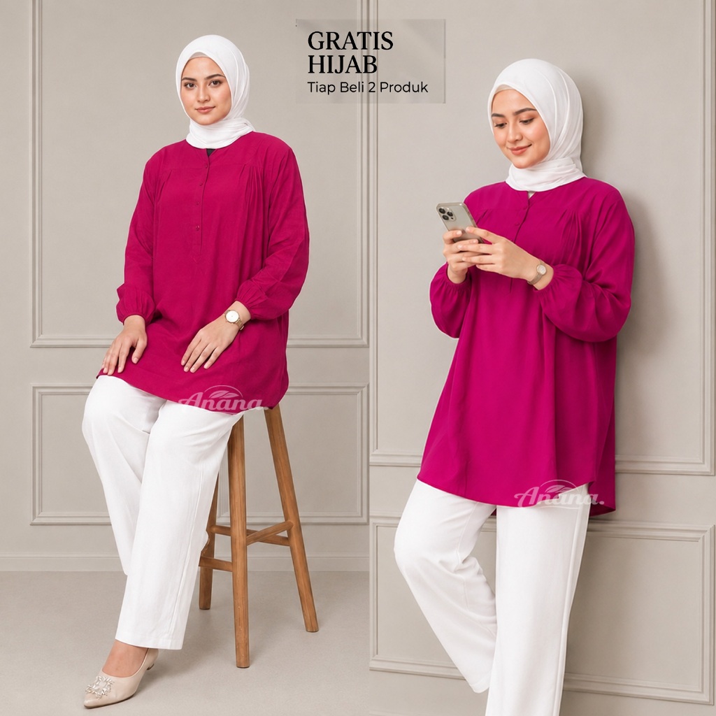 Baju Jumbo Polos Blouse Atasan Wanita Lengan Panjang Dewasa Magenta