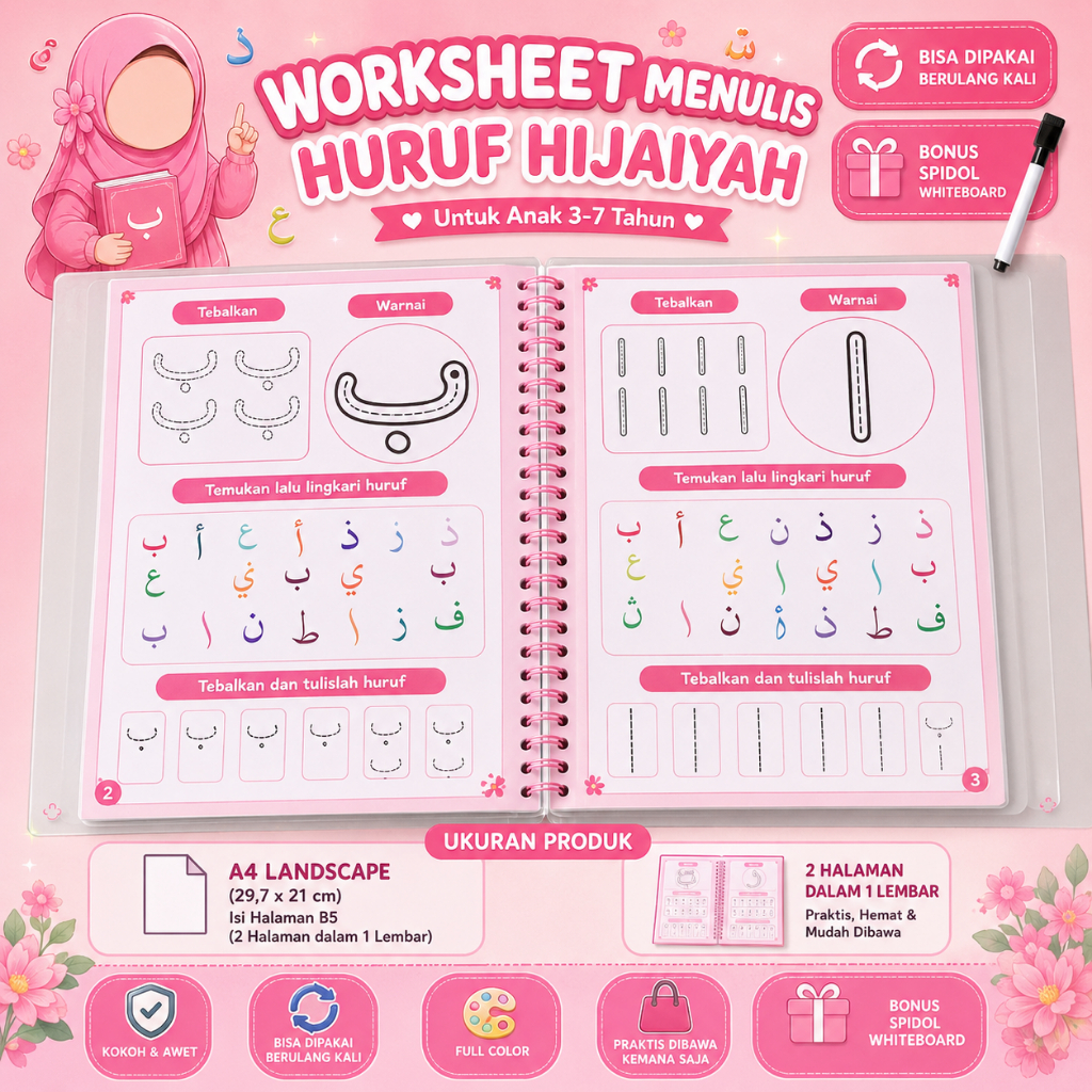 Worksheet Menulis Huruf Hijaiyah Anak umur 3-7 Tahun | Belajar Menulis Huruf Hijaiyah | Bisa Dipakai