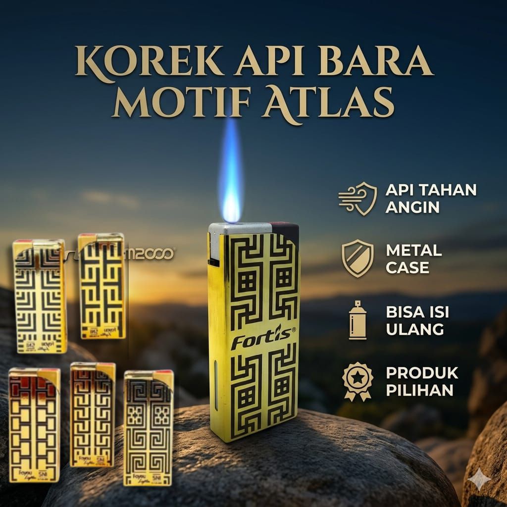 Korek api bara Fortis Atlas Series refillable colourful metal case SNI