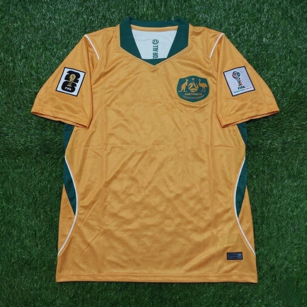 JERSEY BOLA AUSTRALIA HOME FULL PATCH PIALA DUNIA 2026 TOP QUALITY