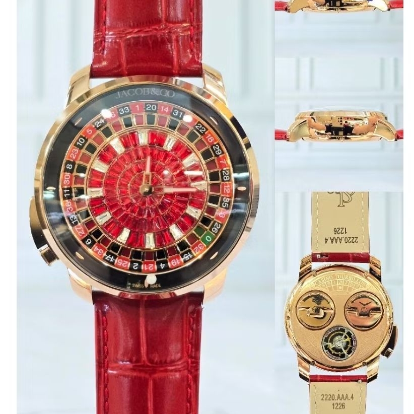 Jam Tangan Jacob & Co Casino Roulette Diamond Baquete Swiss Quartz Red Dia