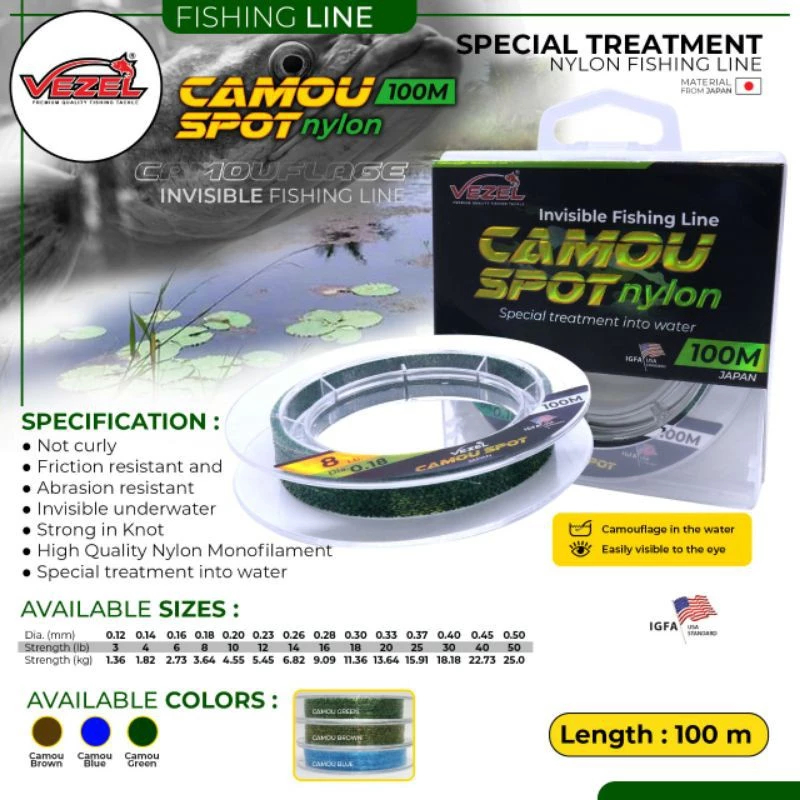 Senar Pancing/Tali Pancing Vezel Camou Spot/Bunglon Nylon 100m - 0.18mm HIJAU