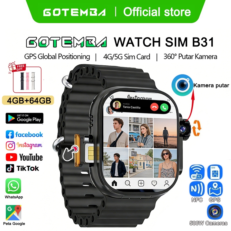 [360° kamera] GOTEMBA Smartwatch Sim card 4G/5G B31 | Bisa hotspot video Call | GPS |  NFC | Wifi | 