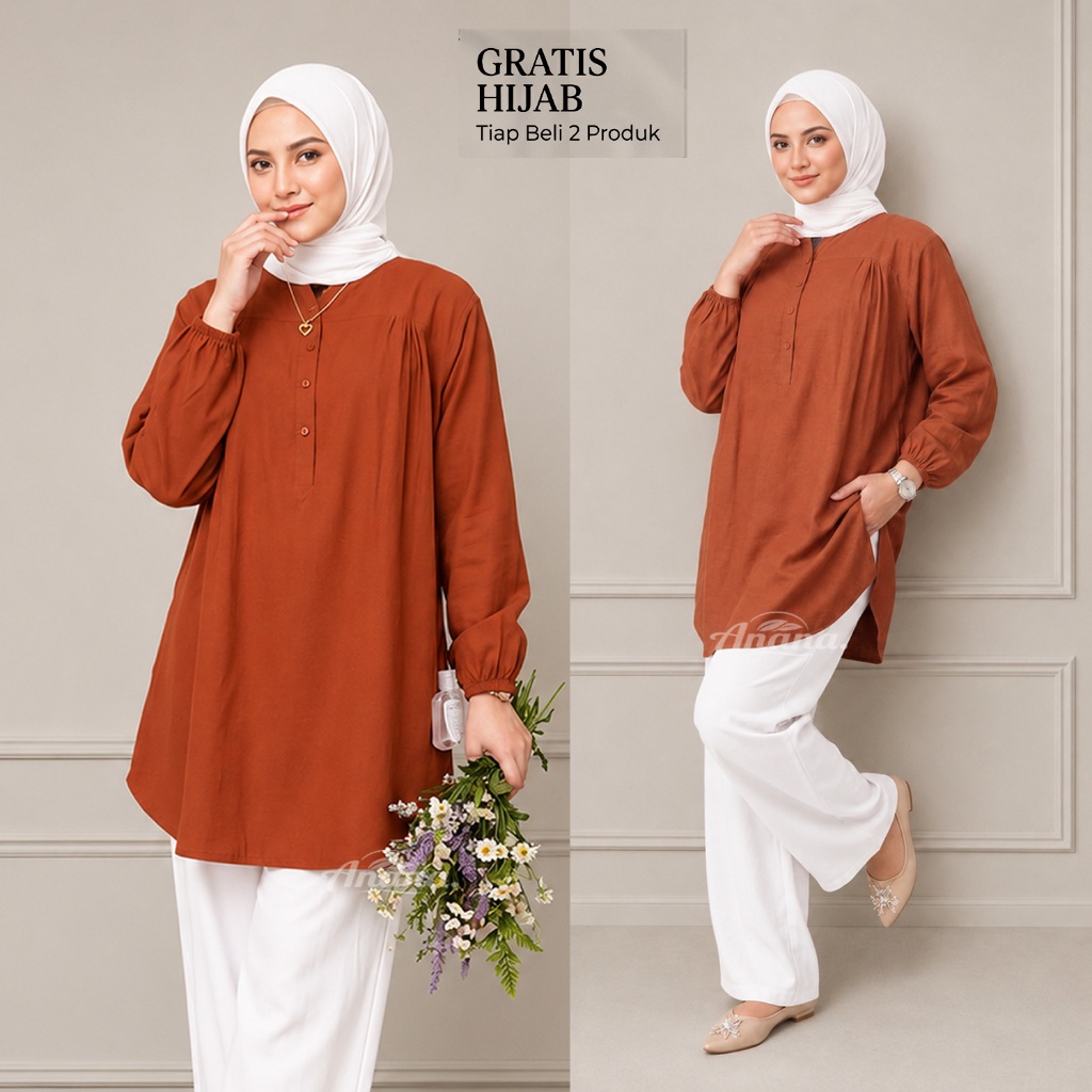 Baju Kemeja Blouse Wanita Busana Muslim Dewasa Merah Bata