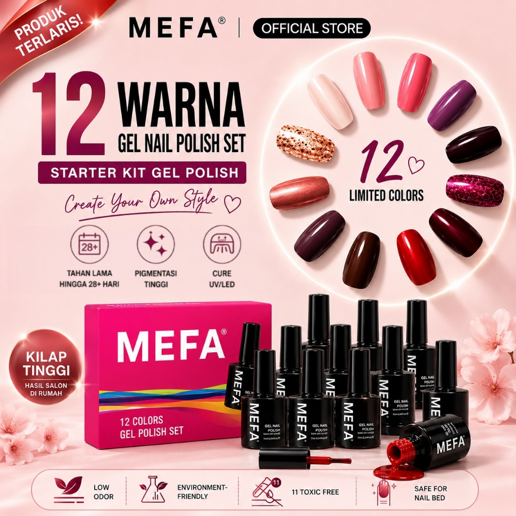 MEFA Gel Nail Polish Set 12 Warna 7ml – Starter Kit Gel Polish Soak-Off UV/LED, Tahan Lama 28+ Hari,