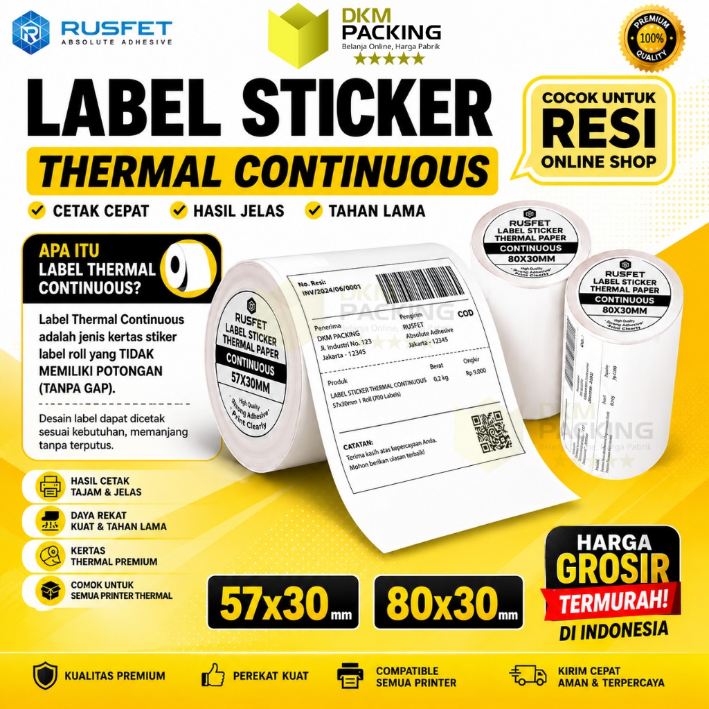 Sticker Label Thermal Paper CONTINUOUS ROLL Barcode Resi Olshop RUSFET