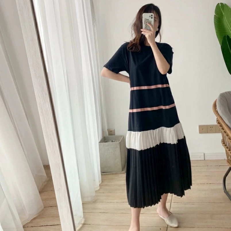 Midi Dress Kaos Jumbo Wanita Korean Style Premium Import / Daster Kaos Super Stretch LD 140 Plisket 