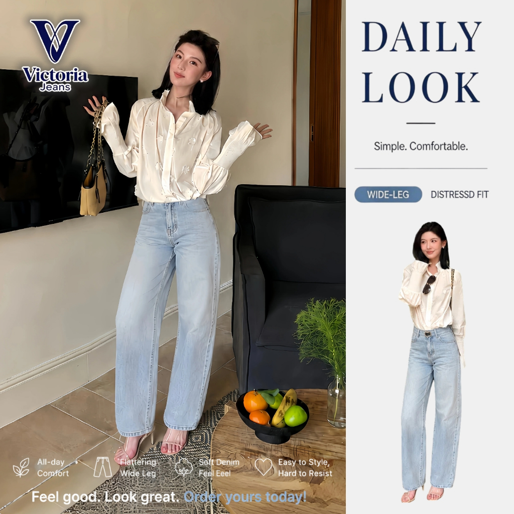 Victoria Jeans | Celana Jeans Wanita Wide Leg Kaki Lebar High Waist Pinggang Tinggi Celana Denim Wan