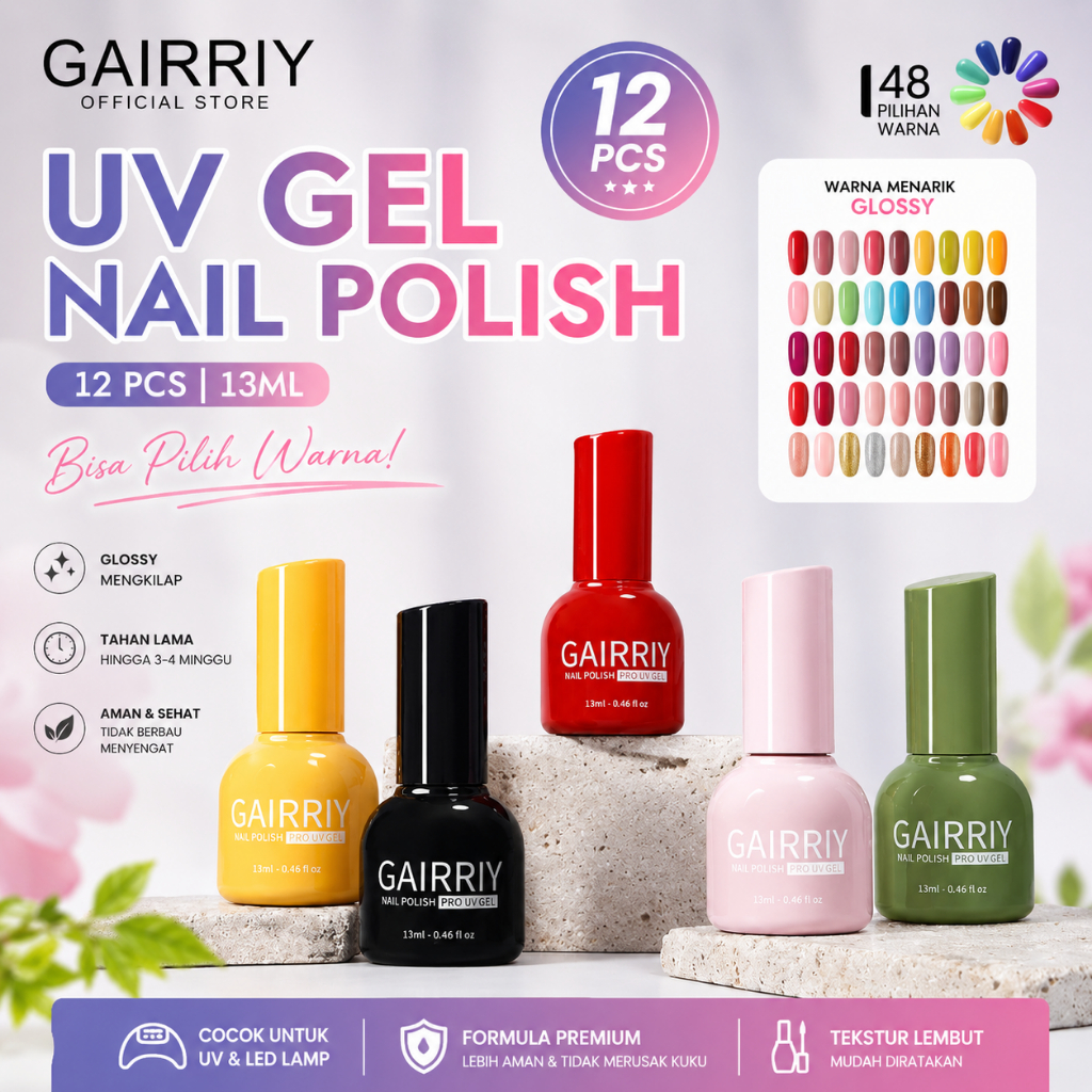 Glowphoria - [SET 12 PCS] Gairriy UV Gel Nail Polish 13ML – 1 Set Kutek Cat Kuku Nail Gel Bisa Pilih
