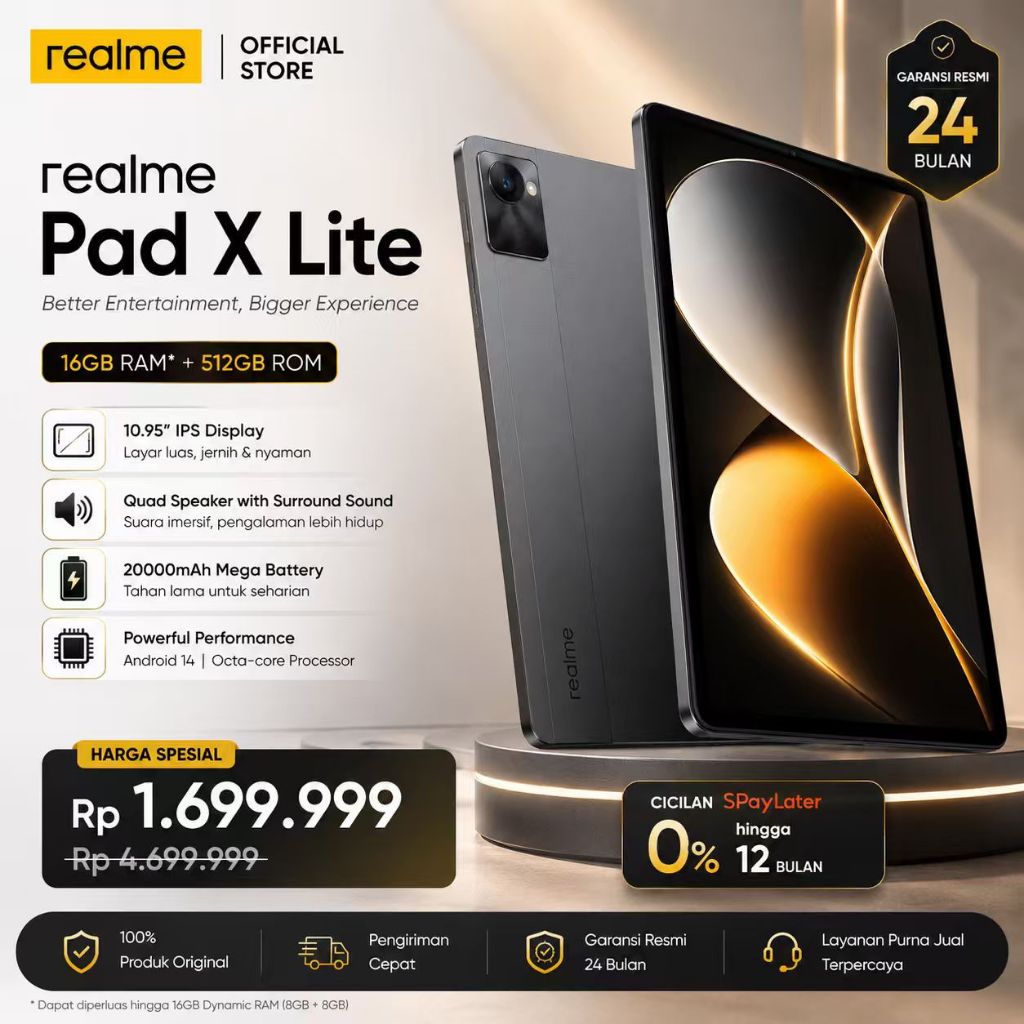 Realme Pad X Lite 12GB RAM 512GB ROM Tablet Ultra Tipis 6.9mm Layar 10.4 IPS LCD 90Hz Snapdragon 865