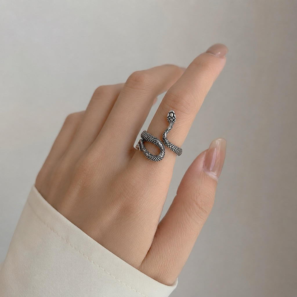 Cincin Fashion Ular Silver Adjustable Wanita Pria – Snake Ring Vintage Aesthetic Punk Unisex