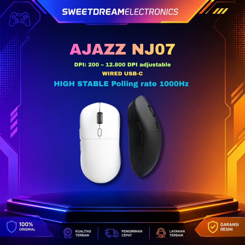 AJAZZ NJ07 / NJ-07 Gaming Mouse Lightweight Tri-mode Connection 1000Hz Polling Rate-Black,Free Mouse