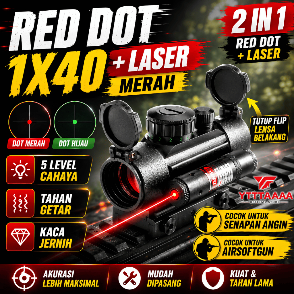 Red Dot BSA 1x40 + Laser Merah Dot Merah Hijau 5 Level Tahan Getar Senapan Angin PCP Airsoft