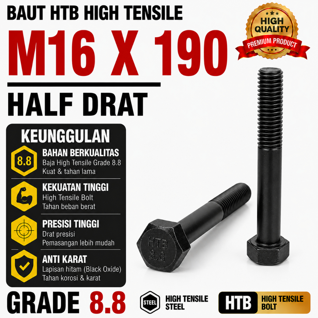 Baja 8.8 Baut M16X190 / Baut 16X190 / M16 X 190 / 16 X 190  Grade 8.8 HTB - High Tensile Bolt Half D