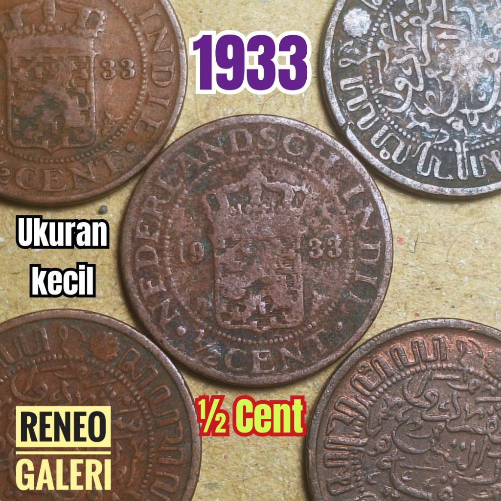 Koin kecil ½ Cent tahun 1933 asli Netherlandsch Indie 1/2 0,5 sen uang kuno zaman Hindia Belanda set