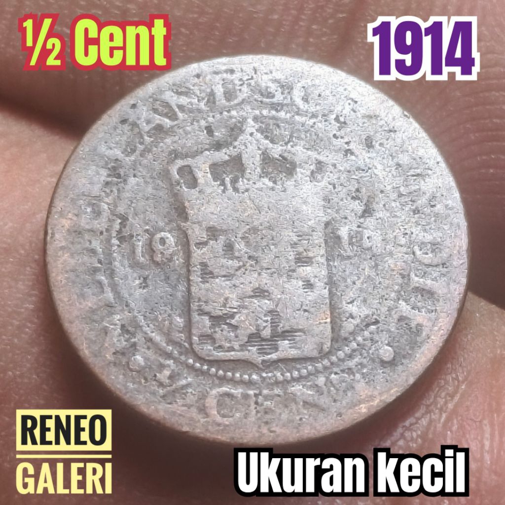 Koin kecil ½ cent tahun 1914 asli korosi Nederlandsch Indie 1/2 0,5 sen uang kuno zaman Hindia Belan