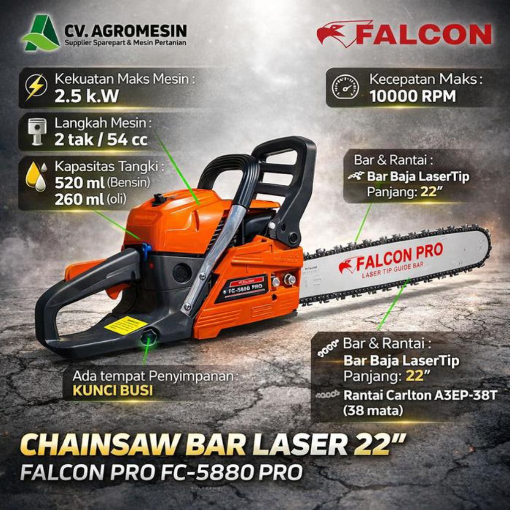 Chainsaw Falcon Fc-5880 Pro Original- Mesin Gergaji sinso / Chainsaw/ Potong Kayu Falcon 5880 Pro