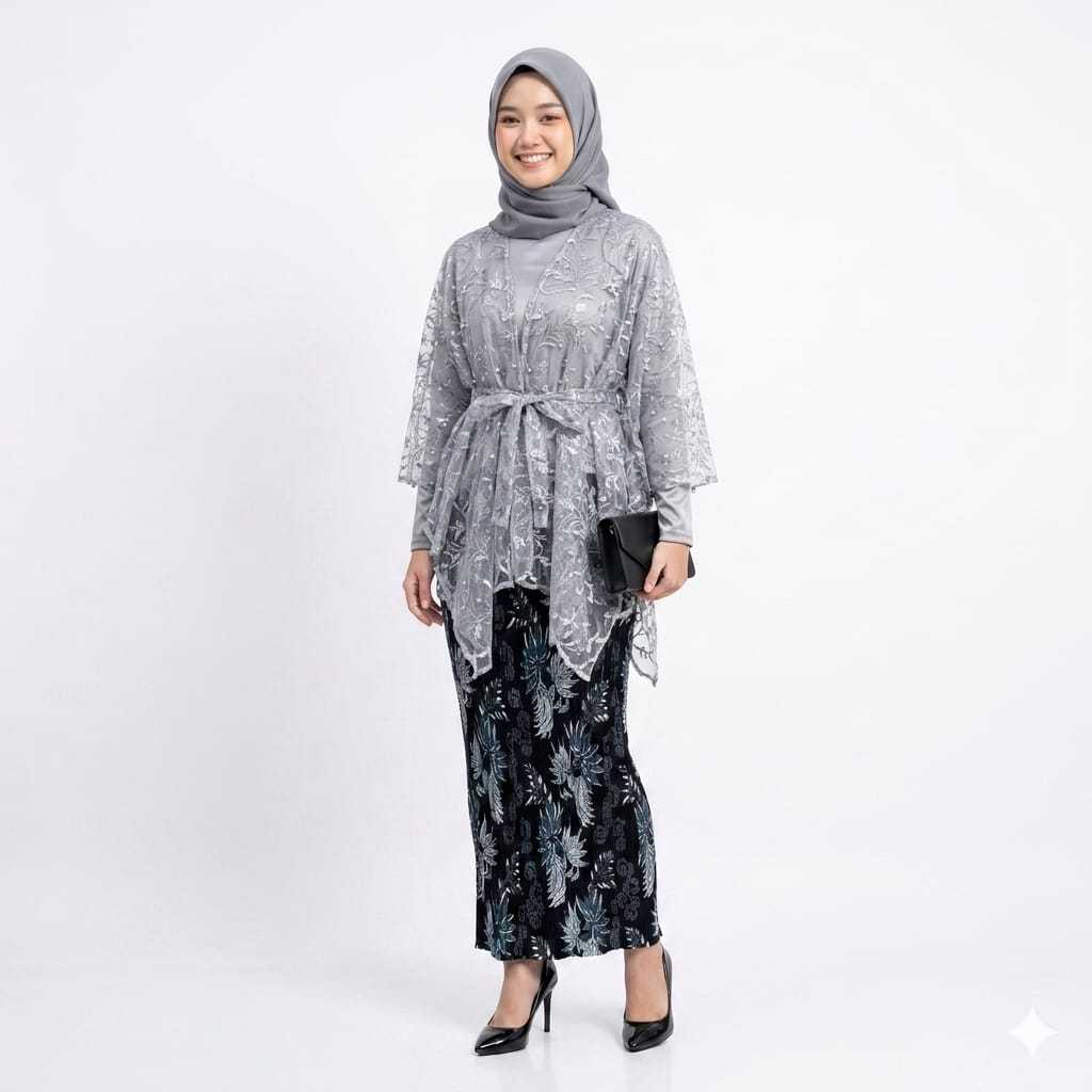 Setelan Outer Pita dan Rok Plisket dengan Manset Standar/Jumbo