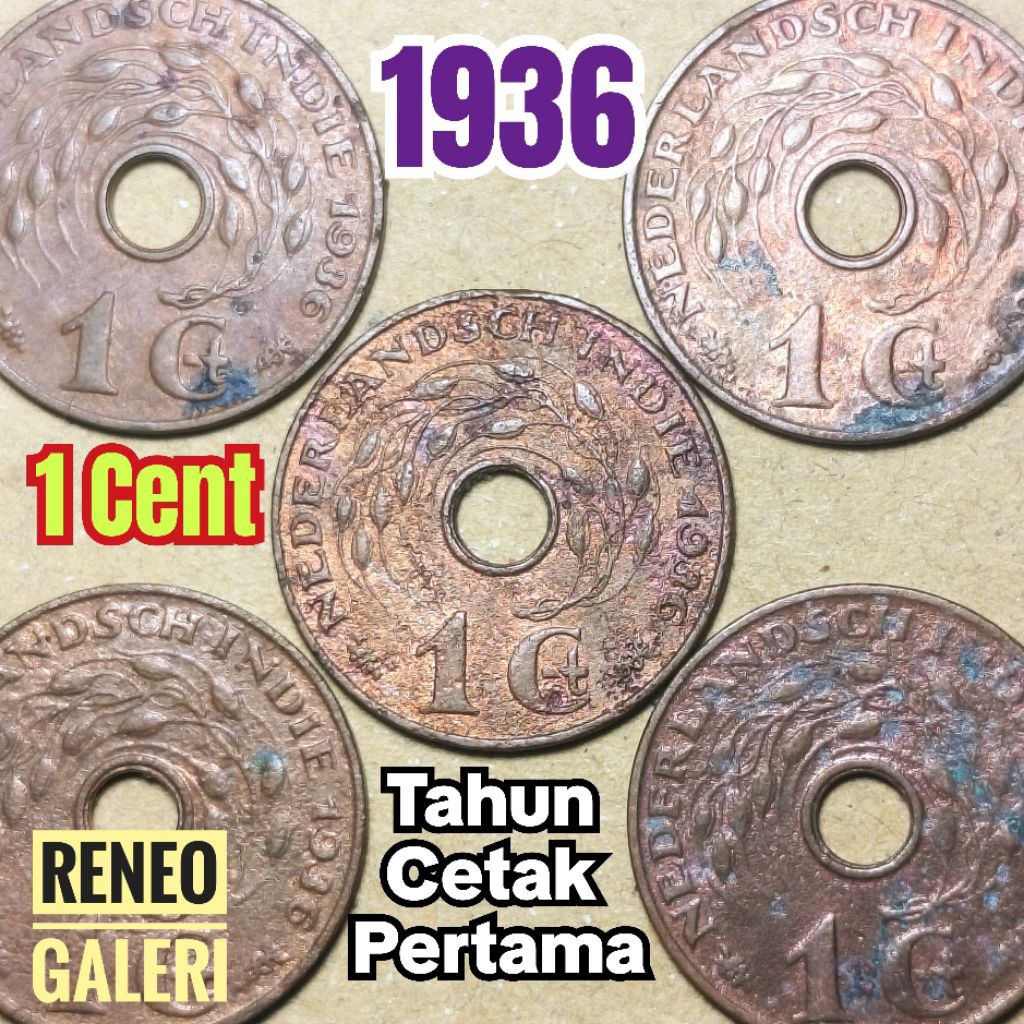 Tahun cetak pertama 1936 koin 1 Cent bolong asli jelek korosi Nederlandsch indie sen jaman Hindia Be