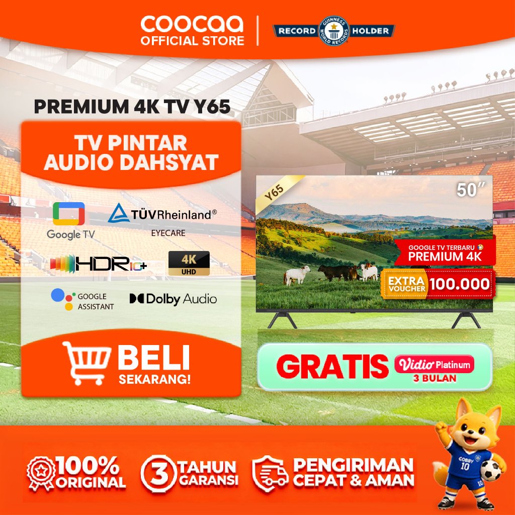 NEW COOCAA TV 50 inch Y65 - 4K GOOGLE TV  - Dolby Audio - Eye Care - HDR10 - Find Remote - (COOCAA 5