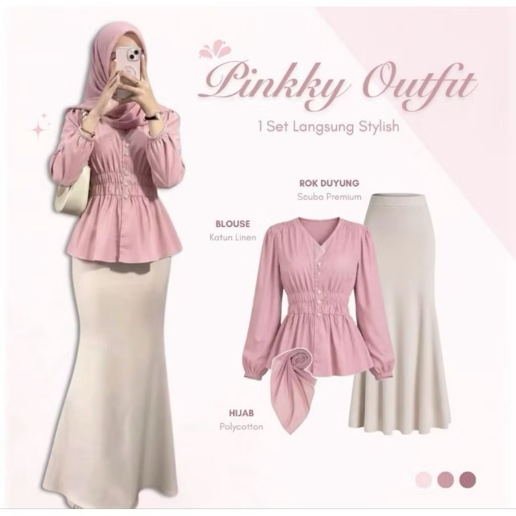 Set Ootd Kondangan Casual / Outfit Healing/ One Set Wanita / Blouse Pink + Hijab + Rok Duyung  / Set