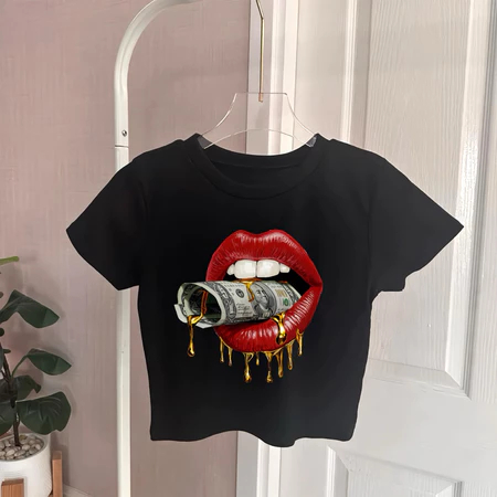 CROP TOP WANITA BIBIR DOLAR BAHAN KNIT PREMIUM KAOS BIBIR DOLAR