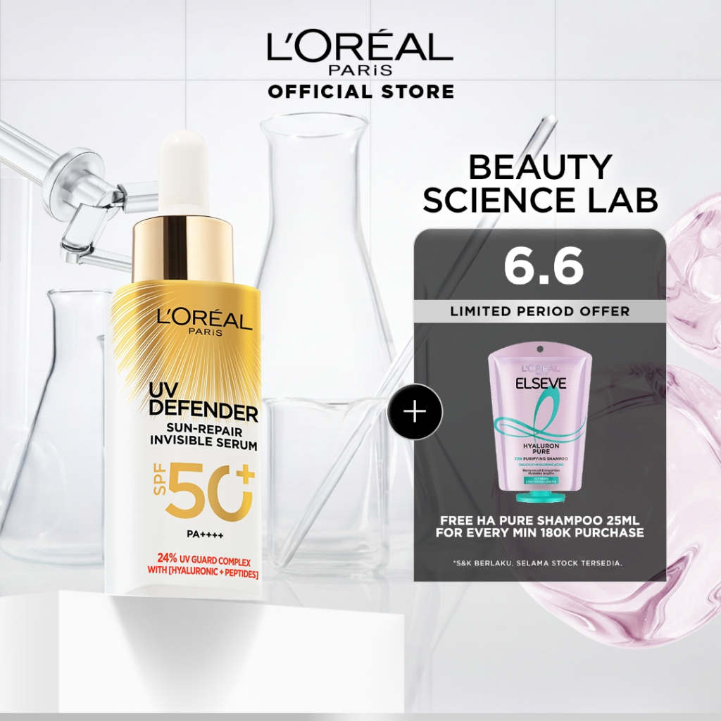 L'Oreal Paris UV Serum Sunscreen SPF 50+ PA++++ - UV Defender Sun-Repair Invisible Serum 2-in-1 Skin