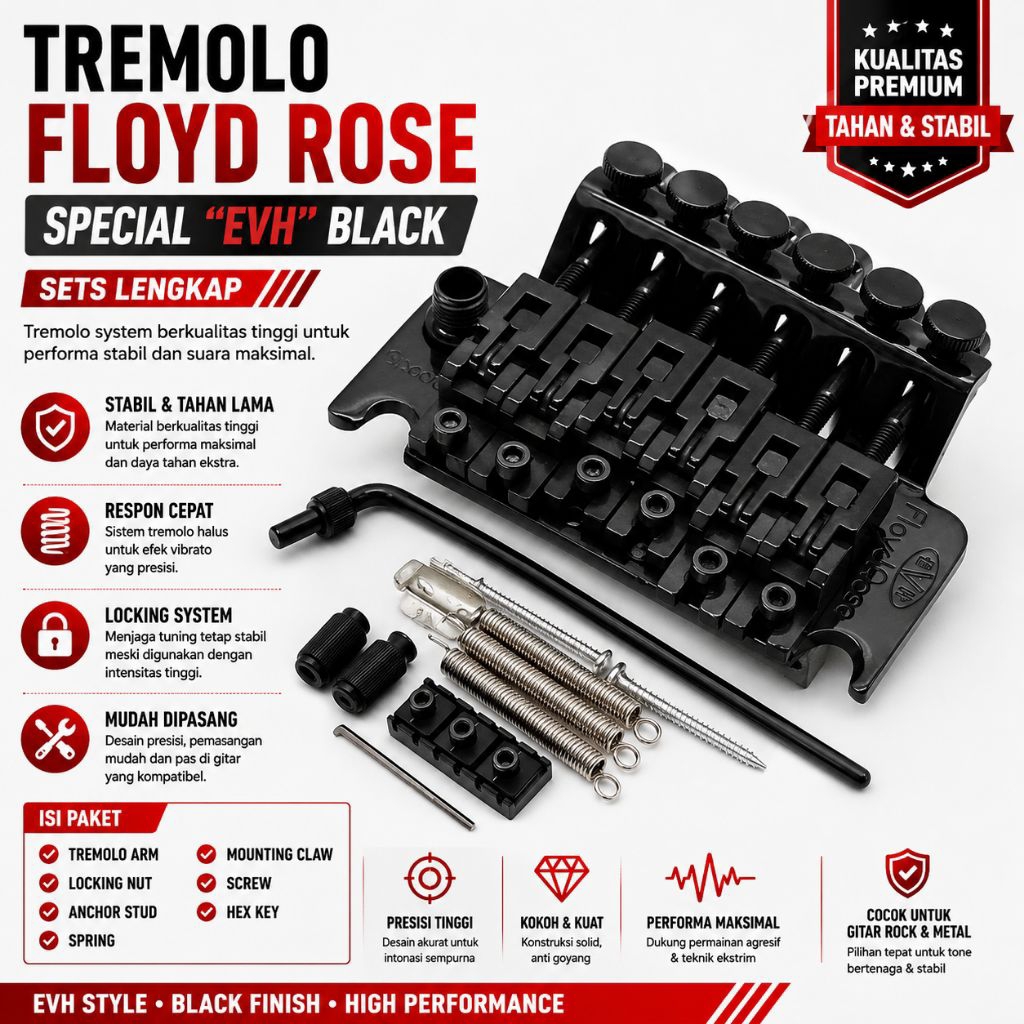 Tremolo Gitar Floyd Rose Special "EVH" Eddie Van Halen 6str Set Lengkap Black
