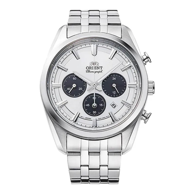 Orient Chronograph RA-TX0305S10B Jam Tangan Pria Solar Powered Sapphire Crystal White Panda Dial Sta