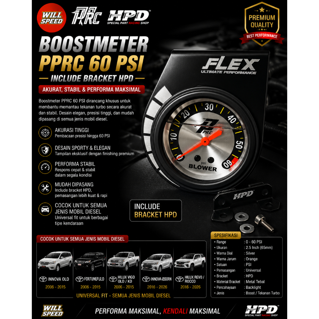 BOOST METER PPRC 60 PSI SILVER & BRACKET FULL SET ORIGINAL THAILAND