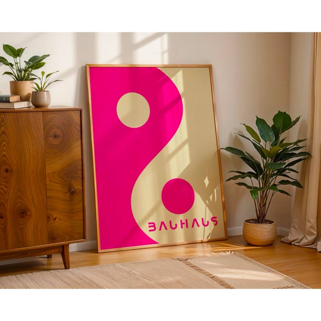 MASTER CANVAS - Poster Kanvas Bauhaus Yin Yang Pink Cetak UV High Res Anti Air Luntur Pajangan Estet