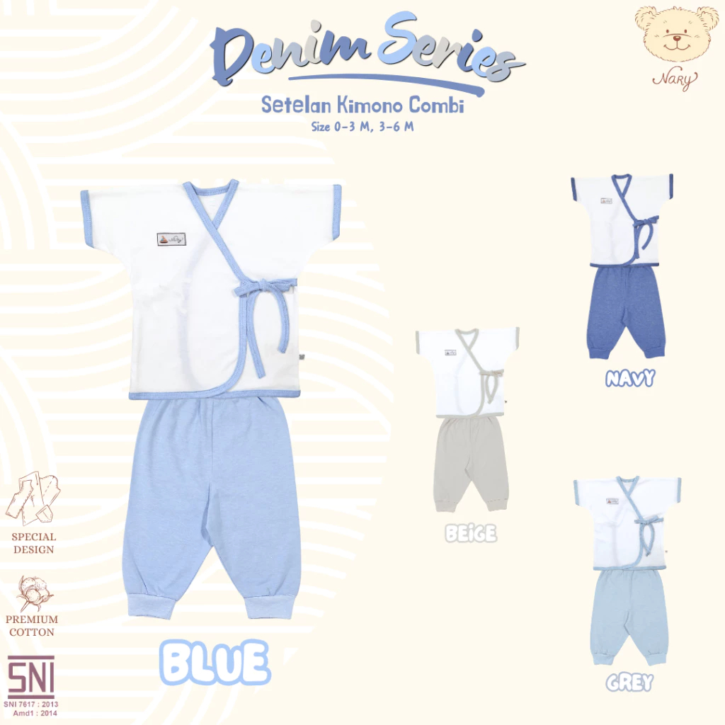 Setelan Kimono PENDEK NARY Putih Polos List Denim 3-6 bln | 100 % premium cotton