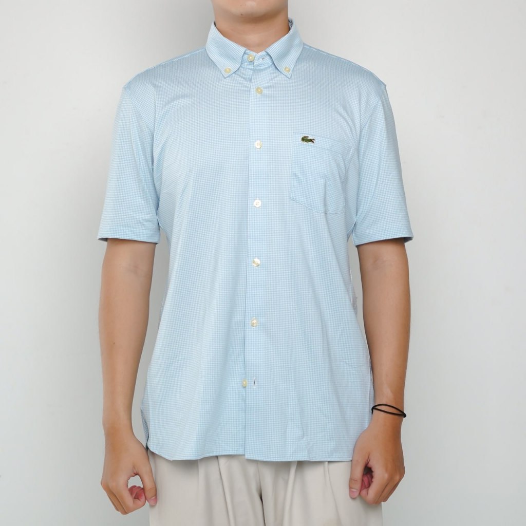 Kemeja LACOSTE GREEN POCKET CHECK LIGHT BLUE SHIRT 100% ORIGINAL