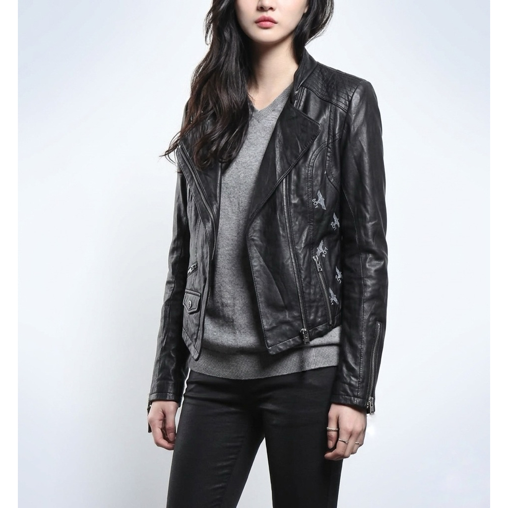 BOY LONDON kulit domba jaket kulit asli cewek biker cropped ramones wanita rider crop embos authenti
