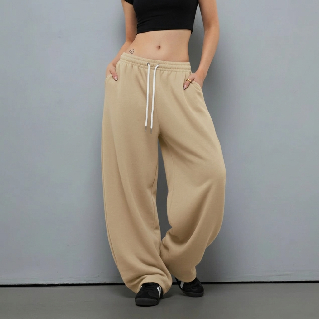 Celana Sweatpants Wanita Fleece Beige Cappucino