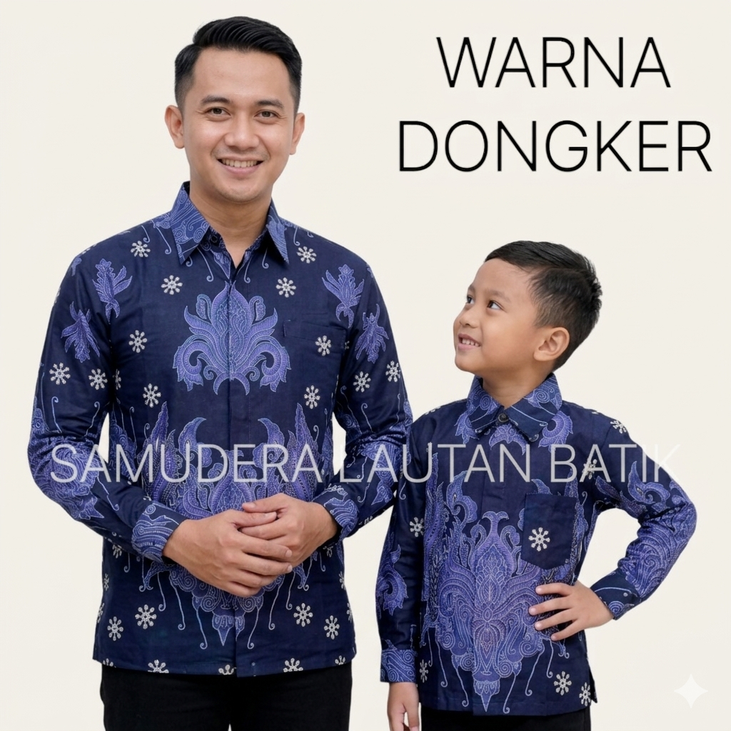 Batik Warna BIRU DONGKER, Batik Couple Ayah Anak Warna BIRU NAVY, Batik Katun Solo Premium.