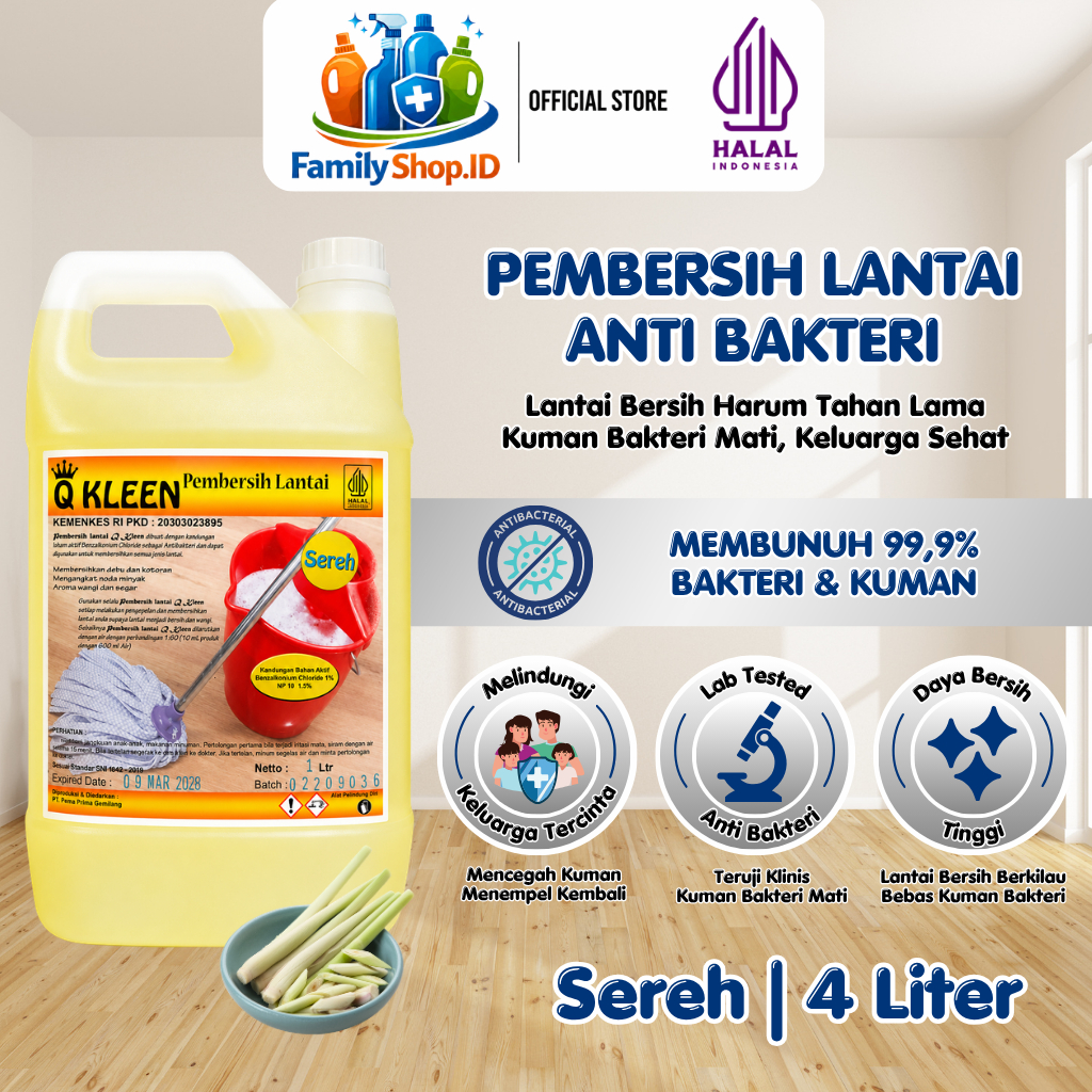 Q KLEEN Pembersih Lantai Sereh Anti Bakteri 4L Wangi Sereh Alami Membunuh Kuman Bakteri 99,9%