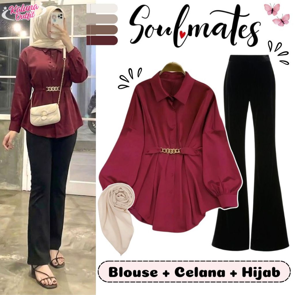 Outfit Wanita Kekinian Blouse Rantai Maroon Celana Cutbray Hijab Bella Square One Set Casual Simple 