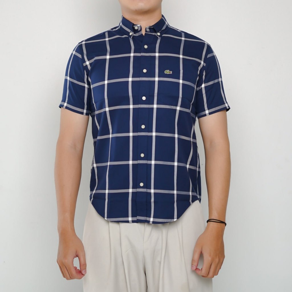 Kemeja LACOSTE GREEN POCKET CHECK WHITE NAVY SHIRT 100% ORIGINAL