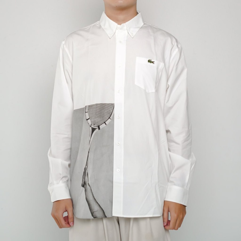 Kemeja LACOSTE GREEN POCKET TENNIS SKECTH WHITE LONG SHIRT 100% ORIGINAL