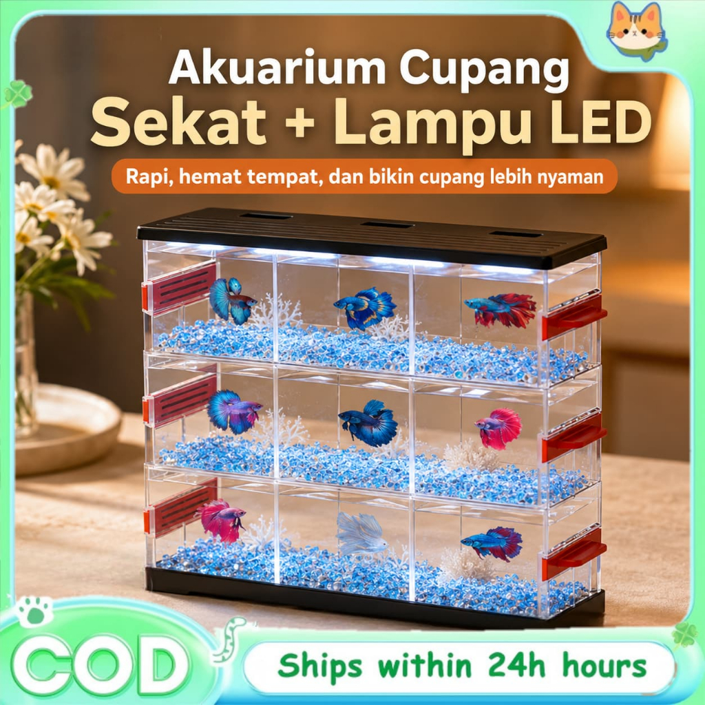 GREENPETS Rak Akuarium Cupang Akrilik 3 Tingkat 9 Ruang Plus Tutup LED Display Ikan Hias Hemat Tempa