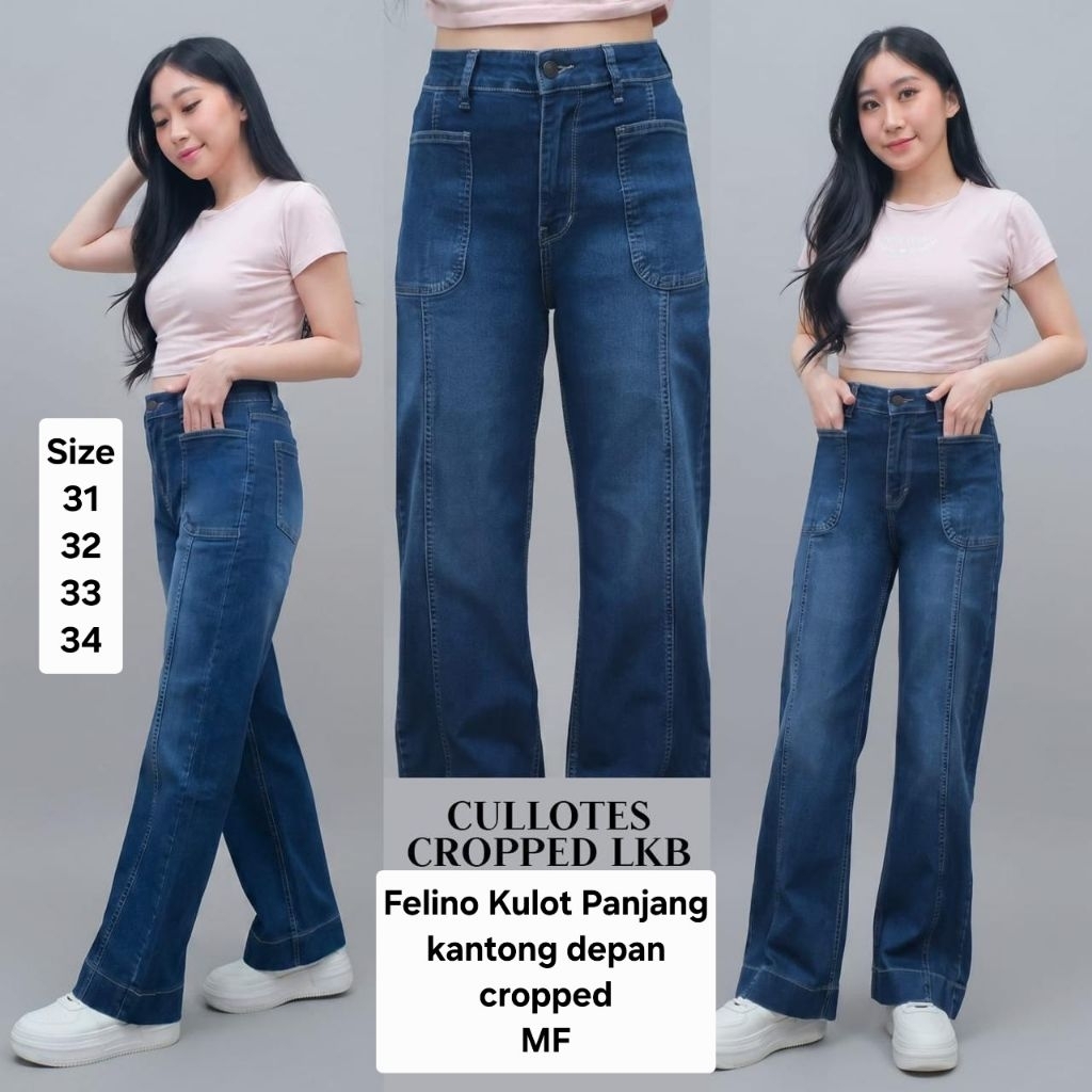 FELINO KULOT PANJANG SAKU DEPAN CROPPED LIPAT KAKI BESAR DEEP BLUE SPRAY