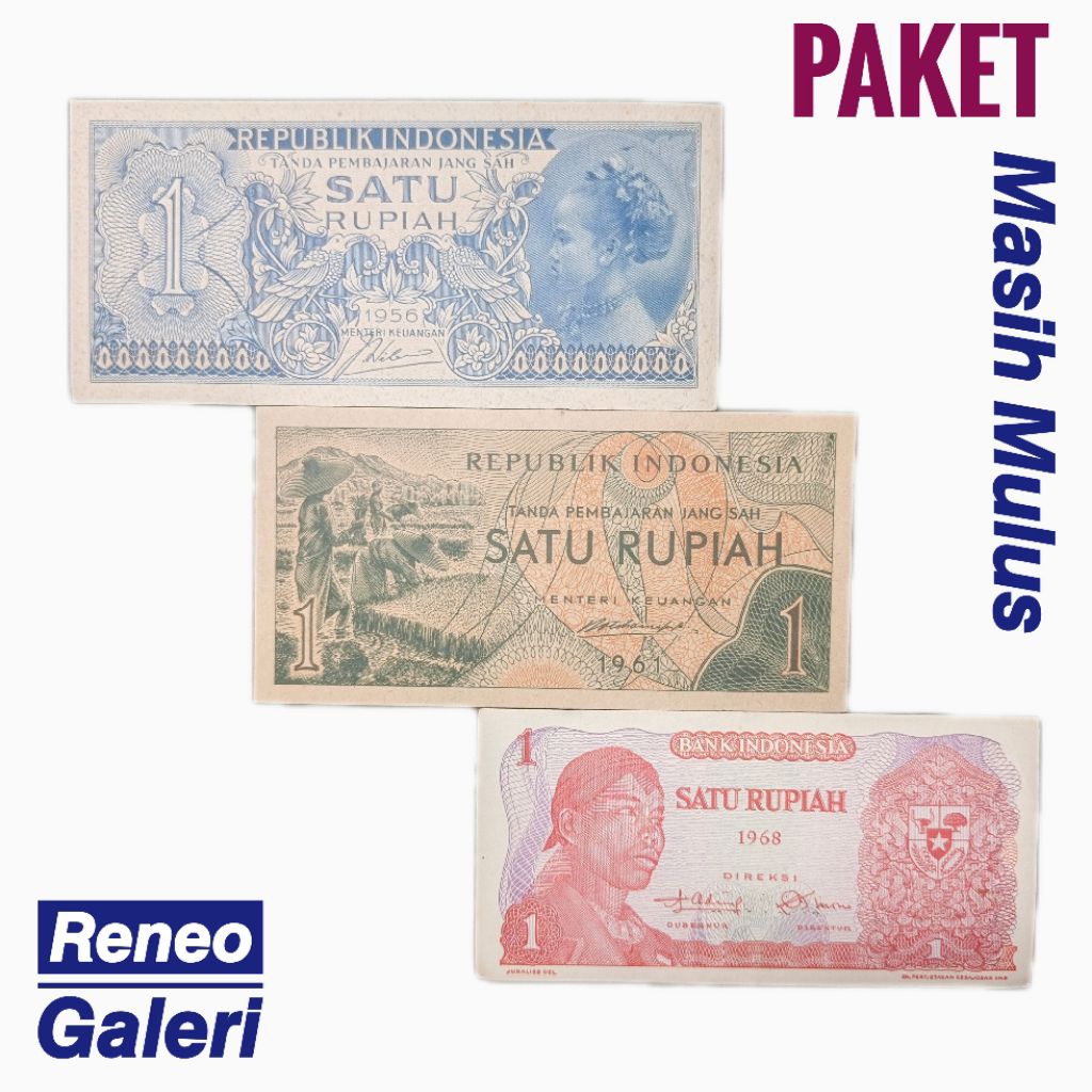 Paket 3 generasi berbeda uang kuno Rp1 mulus asli set duit kertas lama antik jaman dulu Indonesia or