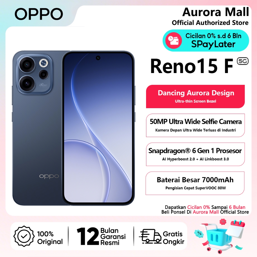 OPPO Reno15 F 5G 12/256GB (12GB+12GB Extended RAM) Garansi Resmi HP Terbaru 2026 Handphone Bisa COD