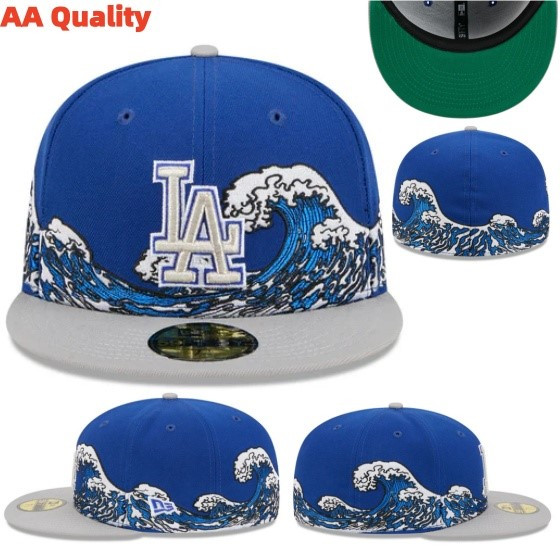 Topi Snapback Fitted LA Los Angeles Dodgers  Blue Grey Tidal Flow Kanagawa Ombak Bordir Build Up Cap