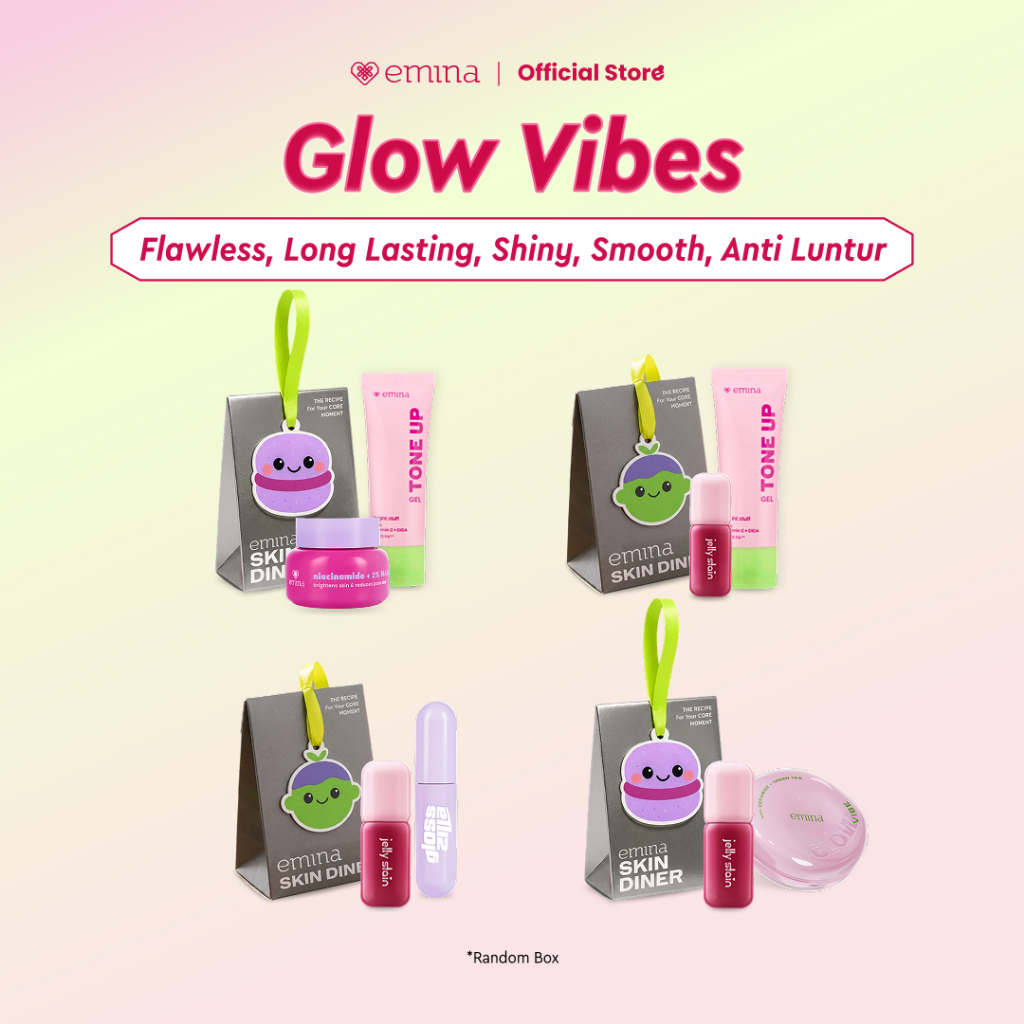 Emina Glow Vibes Bundle - Paket Make Up 2in1 Cushion, Lip Tint, Moisturizer, Tone Up, Lip Gloss | Ta